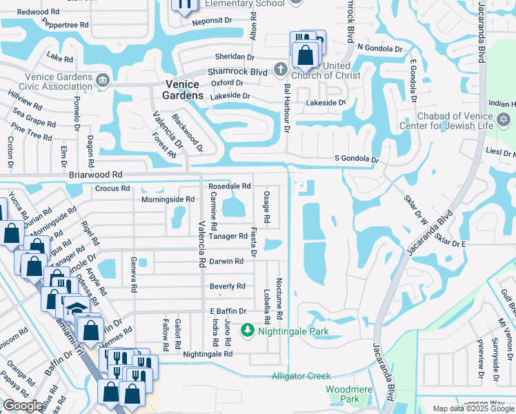 map of restaurants, bars, coffee shops, grocery stores, and more near 2656 Osage Road in Venice