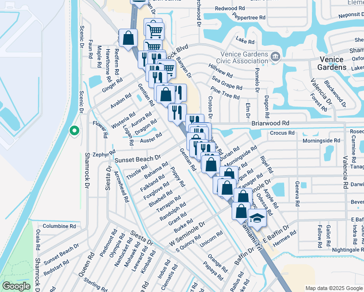 map of restaurants, bars, coffee shops, grocery stores, and more near 2645 Gentian Road in Venice