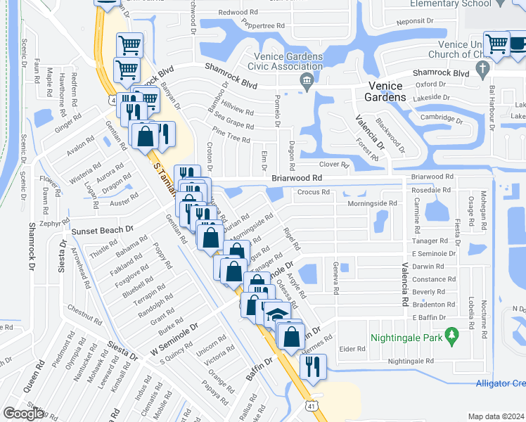 map of restaurants, bars, coffee shops, grocery stores, and more near 324 Durian Road in Venice