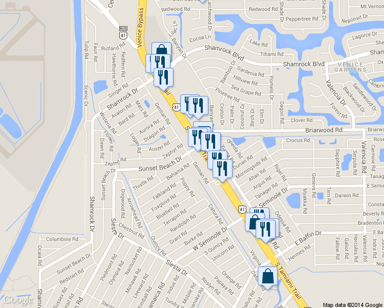 map of restaurants, bars, coffee shops, grocery stores, and more near 2645 Gentian Road in Venice