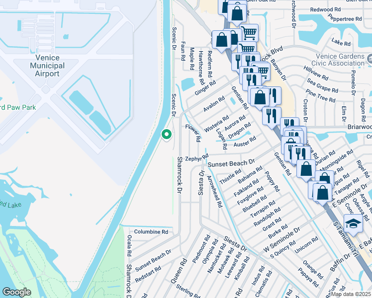 map of restaurants, bars, coffee shops, grocery stores, and more near 2641 Dawn Road in Venice