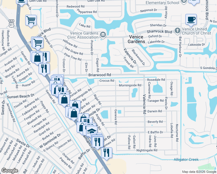 map of restaurants, bars, coffee shops, grocery stores, and more near 592 Crocus Road in Venice
