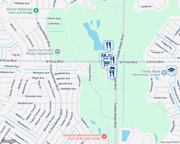 map of restaurants, bars, coffee shops, grocery stores, and more near 1191 W Price Blvd in North Port