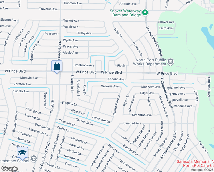 map of restaurants, bars, coffee shops, grocery stores, and more near 2483 Altoona Avenue in North Port