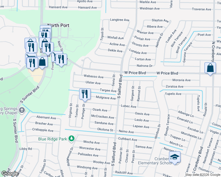 map of restaurants, bars, coffee shops, grocery stores, and more near 1166 Savia Street in North Port