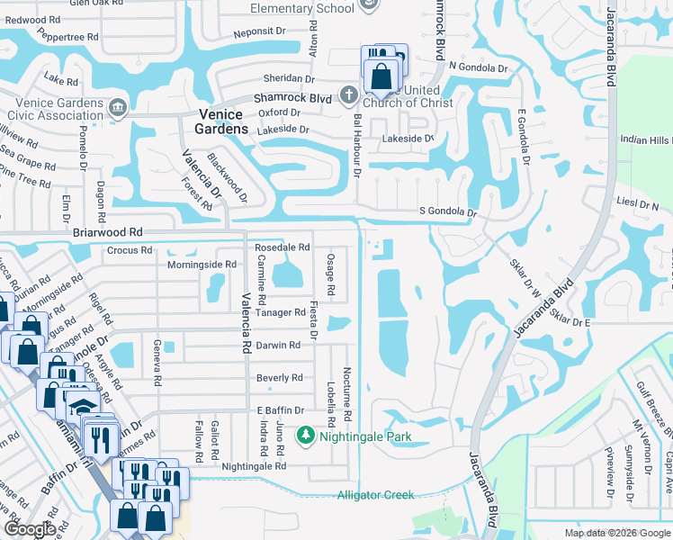 map of restaurants, bars, coffee shops, grocery stores, and more near 1150 Rosedale Road in Venice