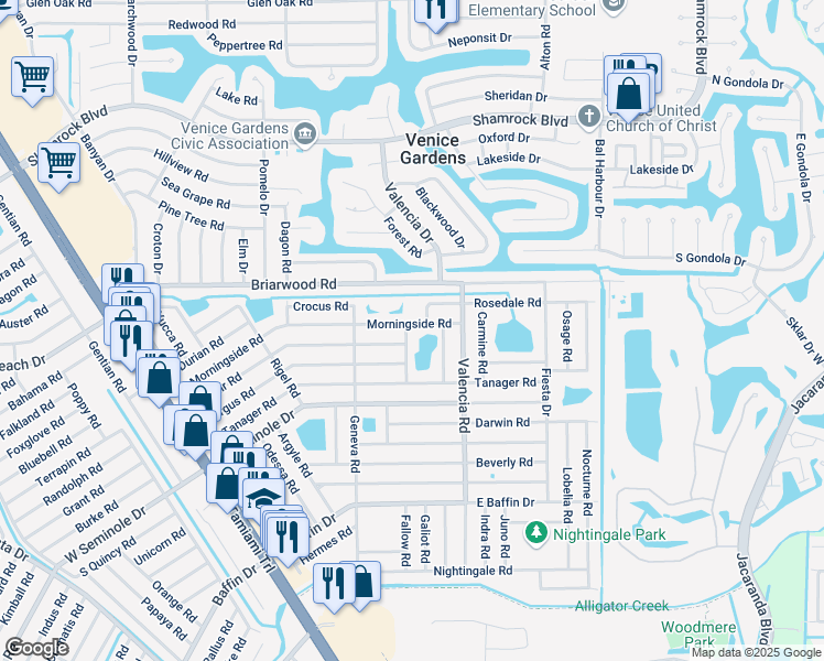 map of restaurants, bars, coffee shops, grocery stores, and more near 771 Morningside Road in Venice