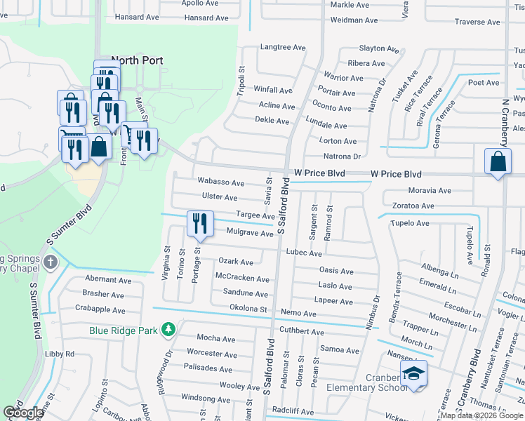 map of restaurants, bars, coffee shops, grocery stores, and more near 1166 Savia Street in North Port