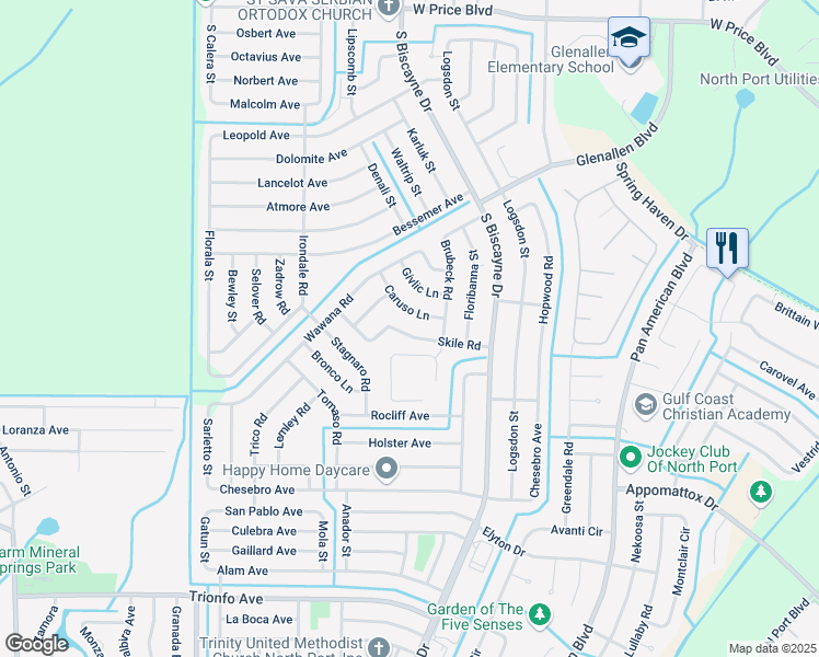 map of restaurants, bars, coffee shops, grocery stores, and more near 8260 Skile Road in North Port