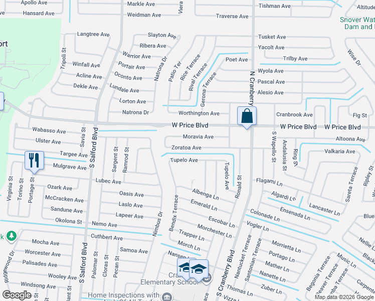 map of restaurants, bars, coffee shops, grocery stores, and more near 3381 Moravia Avenue in North Port