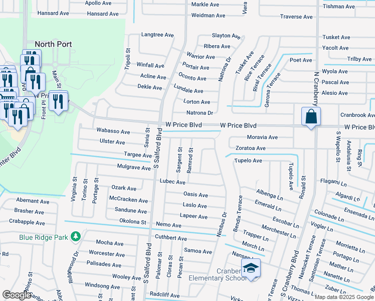 map of restaurants, bars, coffee shops, grocery stores, and more near 1128 Sargent Street in North Port