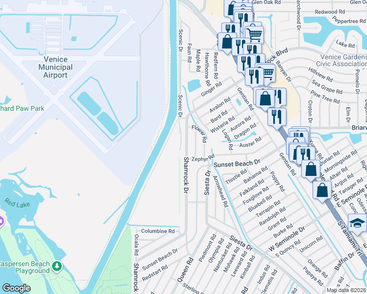map of restaurants, bars, coffee shops, grocery stores, and more near 2530 Shamrock Drive in Venice