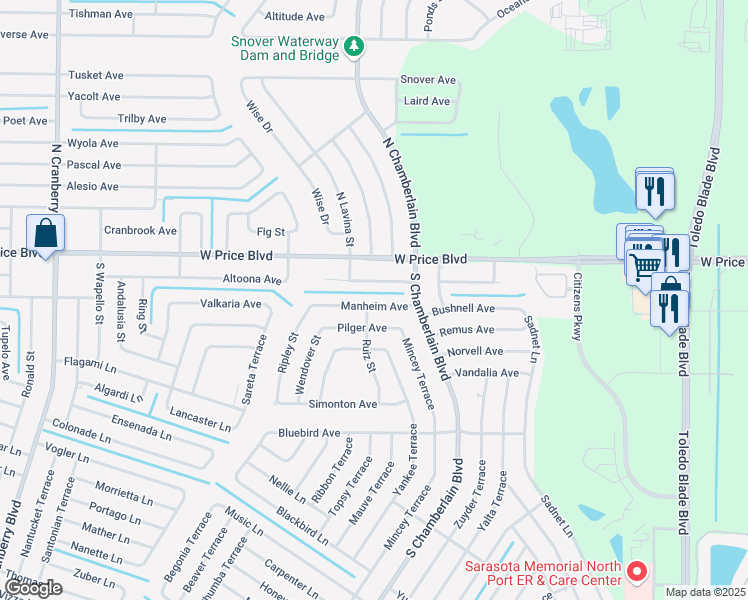 map of restaurants, bars, coffee shops, grocery stores, and more near 2234 Manheim Avenue in North Port