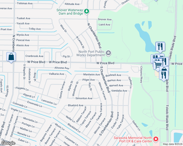 map of restaurants, bars, coffee shops, grocery stores, and more near 2137 Jameson Avenue in North Port