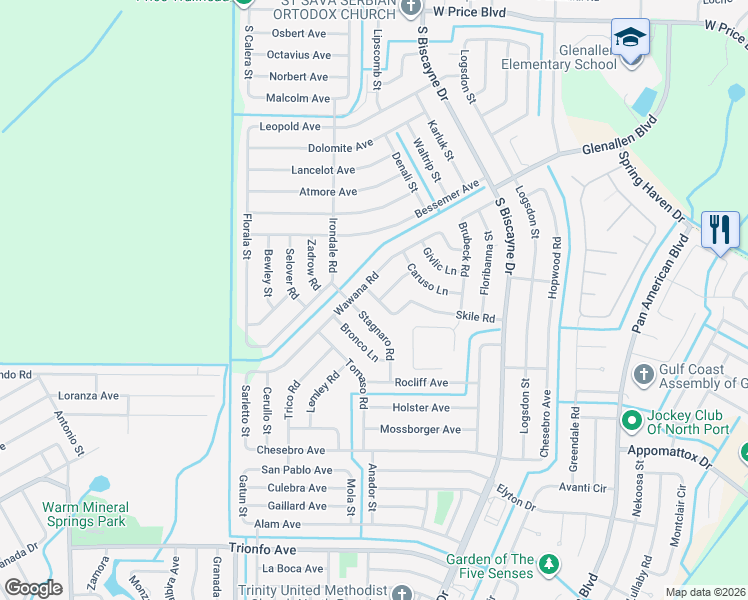 map of restaurants, bars, coffee shops, grocery stores, and more near 8475 Wawana Road in North Port