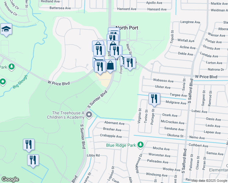 map of restaurants, bars, coffee shops, grocery stores, and more near 1651 South Sumter Boulevard in North Port