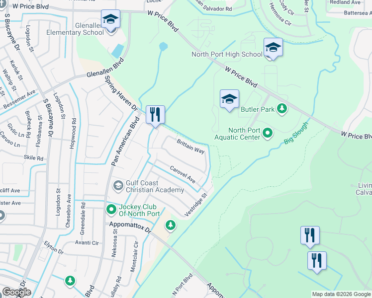 map of restaurants, bars, coffee shops, grocery stores, and more near 5239 Grand Cypress Boulevard in North Port