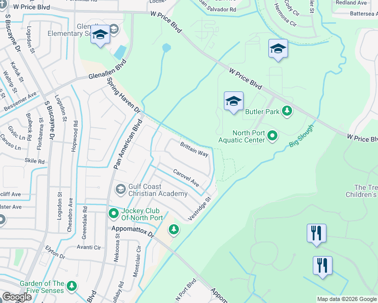 map of restaurants, bars, coffee shops, grocery stores, and more near 5239 Grand Cypress Boulevard in North Port
