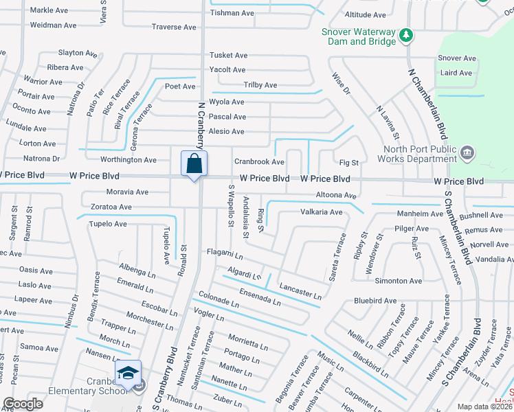 map of restaurants, bars, coffee shops, grocery stores, and more near 1137 Ring Street in North Port