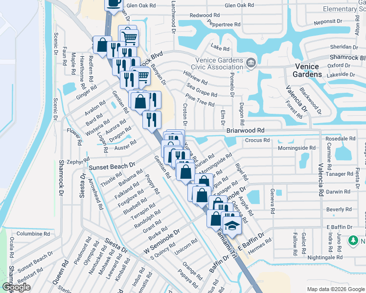map of restaurants, bars, coffee shops, grocery stores, and more near 110 Oneida Road in Venice