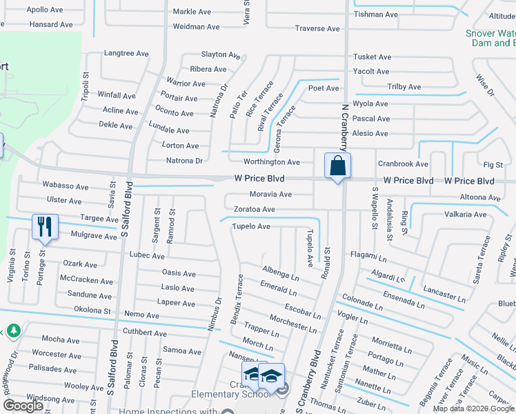 map of restaurants, bars, coffee shops, grocery stores, and more near 3381 Moravia Avenue in North Port