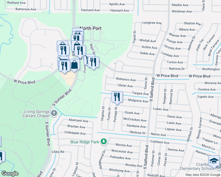 map of restaurants, bars, coffee shops, grocery stores, and more near 4571 Ulster Avenue in North Port