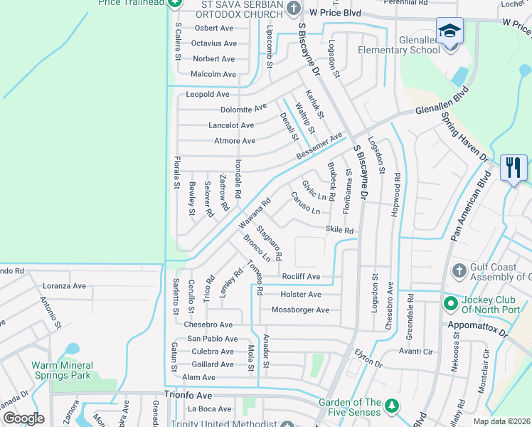 map of restaurants, bars, coffee shops, grocery stores, and more near 8475 Wawana Road in North Port