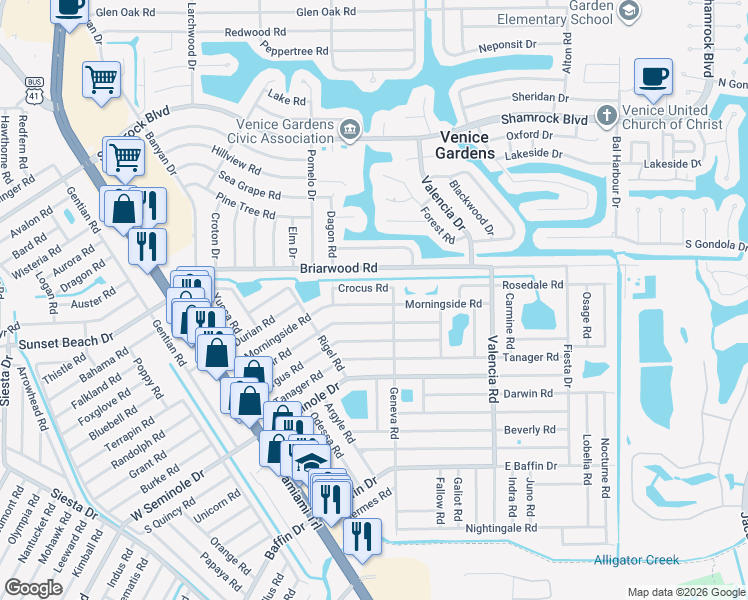 map of restaurants, bars, coffee shops, grocery stores, and more near 592 Crocus Road in Venice