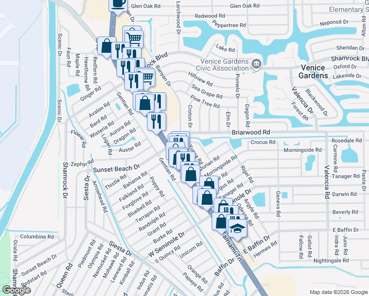 map of restaurants, bars, coffee shops, grocery stores, and more near 110 Oneida Road in Venice