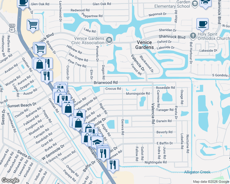 map of restaurants, bars, coffee shops, grocery stores, and more near 592 Crocus Road in Venice