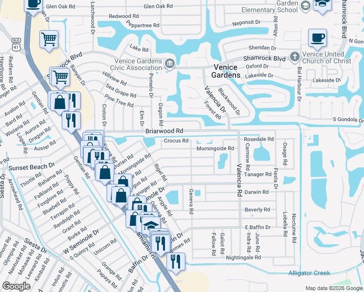 map of restaurants, bars, coffee shops, grocery stores, and more near 592 Crocus Road in Venice