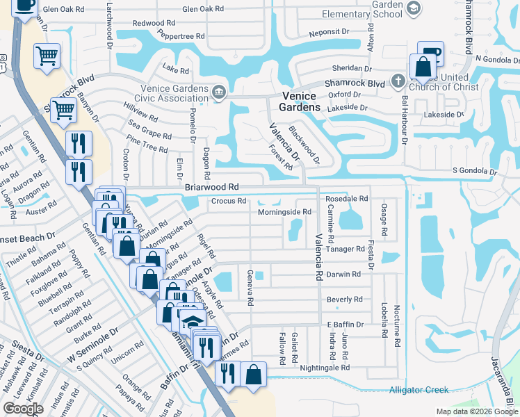 map of restaurants, bars, coffee shops, grocery stores, and more near 735 Morningside Road in Venice