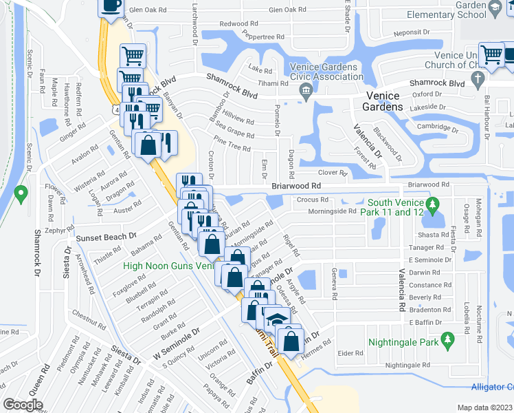 map of restaurants, bars, coffee shops, grocery stores, and more near 320 Rigel Road in Venice