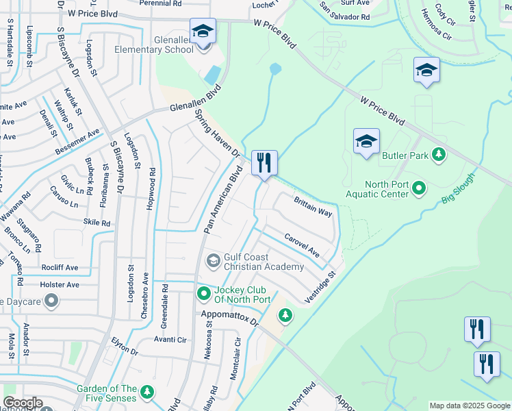 map of restaurants, bars, coffee shops, grocery stores, and more near 1504 Mossy Oak Drive in North Port