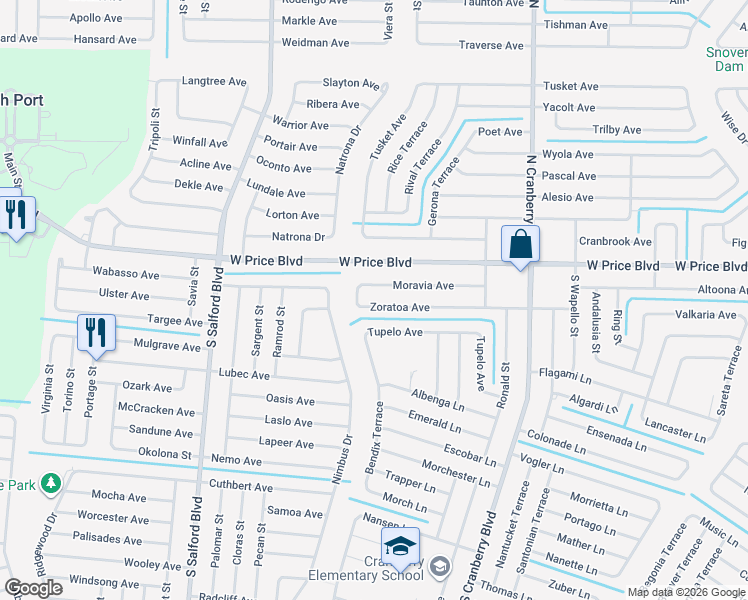 map of restaurants, bars, coffee shops, grocery stores, and more near 3466 Zoratoa Avenue in North Port
