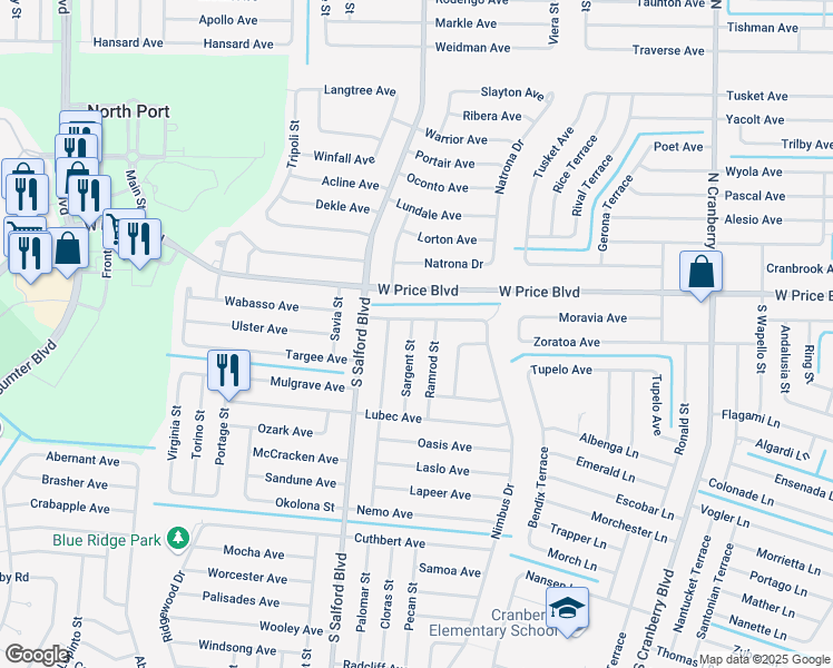 map of restaurants, bars, coffee shops, grocery stores, and more near 1128 Sargent Street in North Port