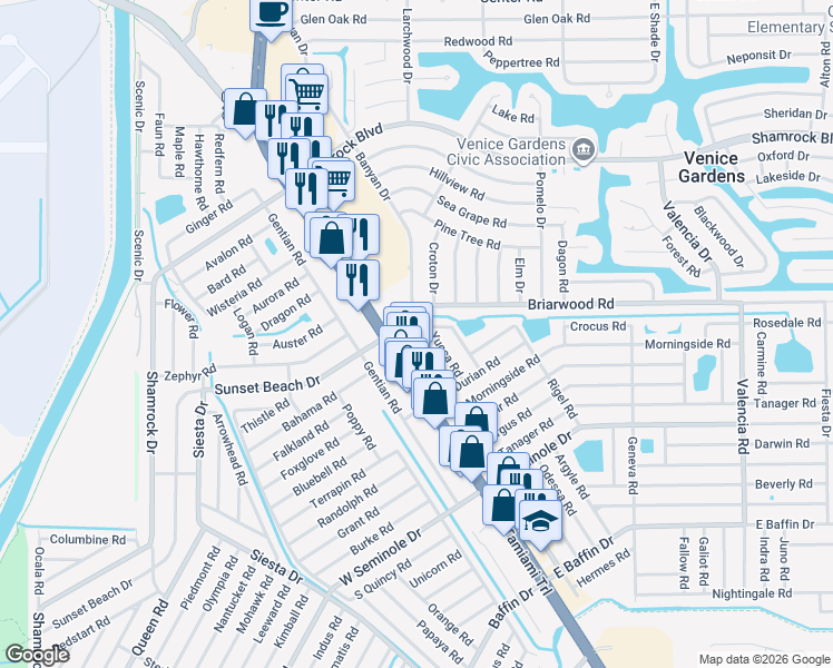 map of restaurants, bars, coffee shops, grocery stores, and more near 110 Oneida Road in Venice