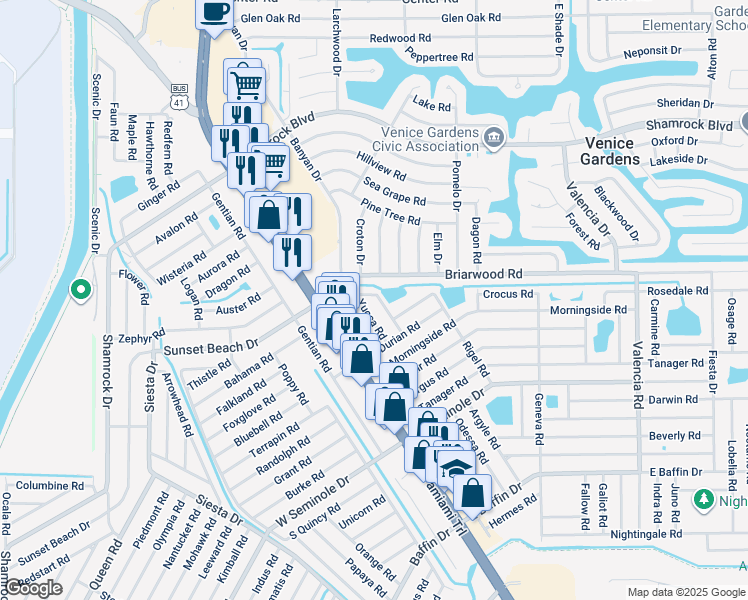 map of restaurants, bars, coffee shops, grocery stores, and more near 2532 Oneida Road in Venice