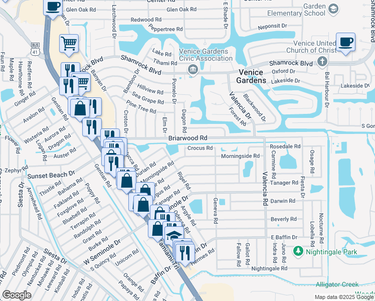 map of restaurants, bars, coffee shops, grocery stores, and more near 2561 Dagon Road in Venice
