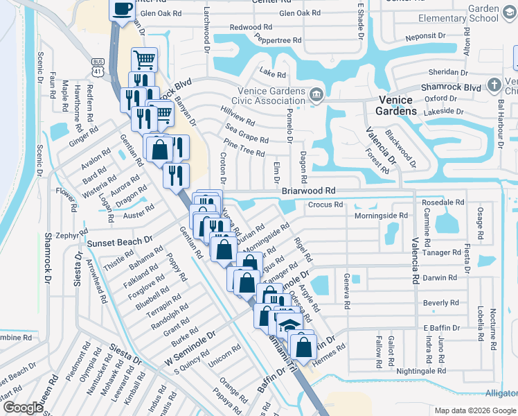 map of restaurants, bars, coffee shops, grocery stores, and more near 275 Rigel Road in Venice