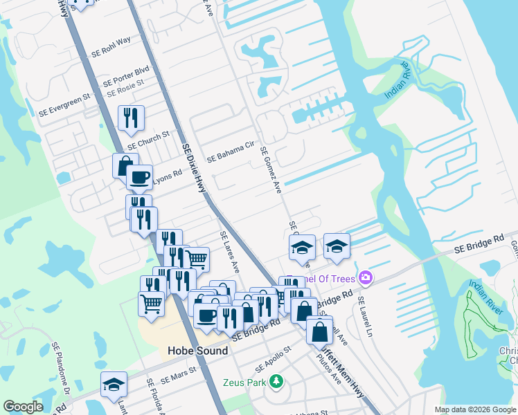 map of restaurants, bars, coffee shops, grocery stores, and more near 9007 Southeast Pine Cone Lane in Hobe Sound