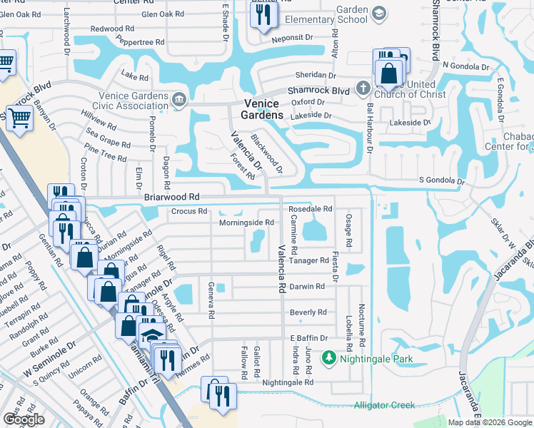 map of restaurants, bars, coffee shops, grocery stores, and more near 856 Rosedale Road in Venice