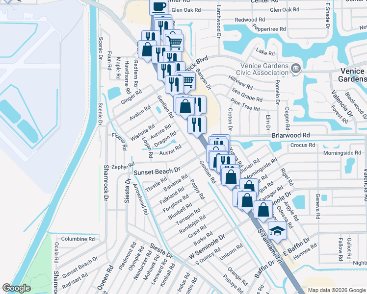 map of restaurants, bars, coffee shops, grocery stores, and more near 110 Zephyr Road in Venice