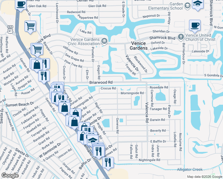 map of restaurants, bars, coffee shops, grocery stores, and more near 592 Crocus Road in Venice