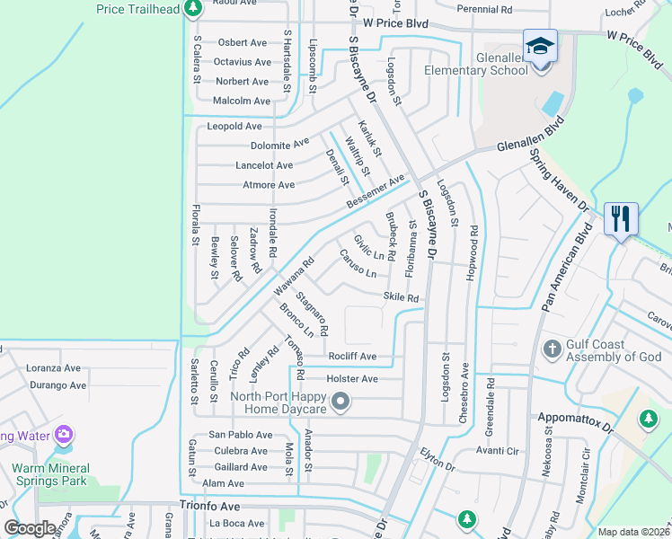 map of restaurants, bars, coffee shops, grocery stores, and more near 8475 Wawana Road in North Port
