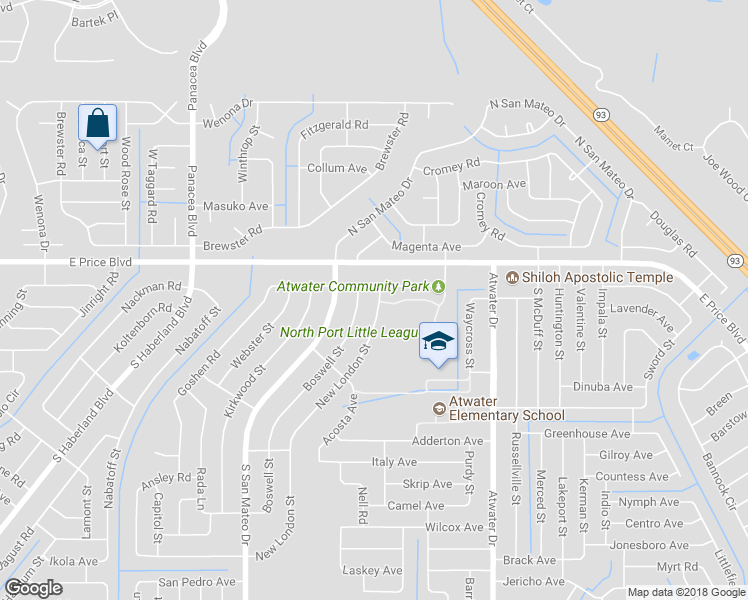map of restaurants, bars, coffee shops, grocery stores, and more near 1139 New London Street in North Port