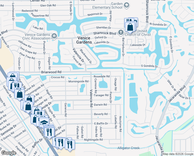 map of restaurants, bars, coffee shops, grocery stores, and more near 2541 Carmine Road in Venice