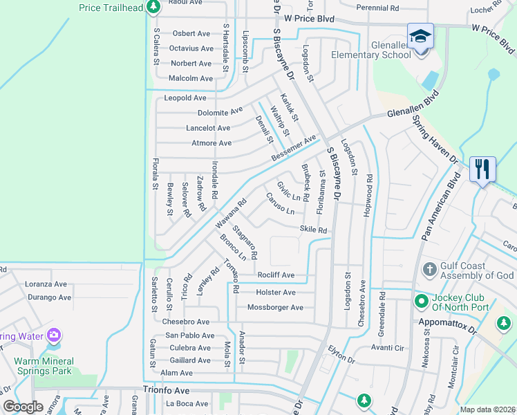 map of restaurants, bars, coffee shops, grocery stores, and more near 8475 Wawana Road in North Port