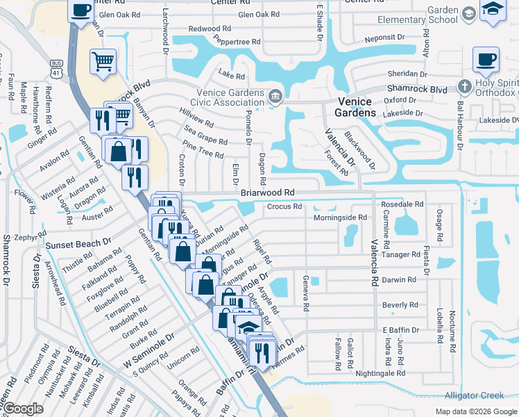 map of restaurants, bars, coffee shops, grocery stores, and more near 2561 Dagon Road in Venice