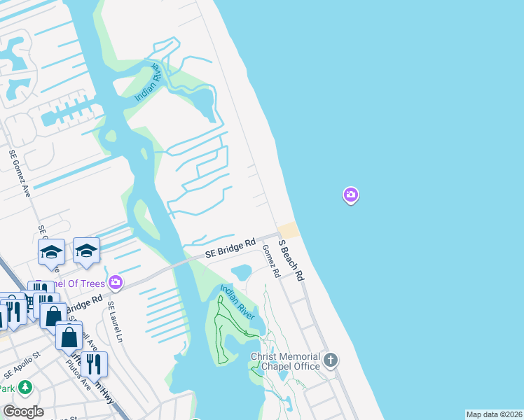 map of restaurants, bars, coffee shops, grocery stores, and more near 16 North Beach Road in Hobe Sound